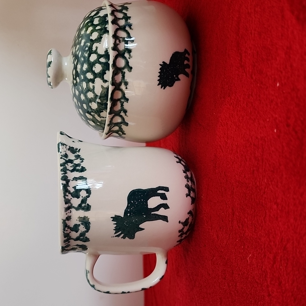☆Lot of 2 Folk Craft Moose Country, By Tienshan. Sugar/Candy Dish and Creamer.☆